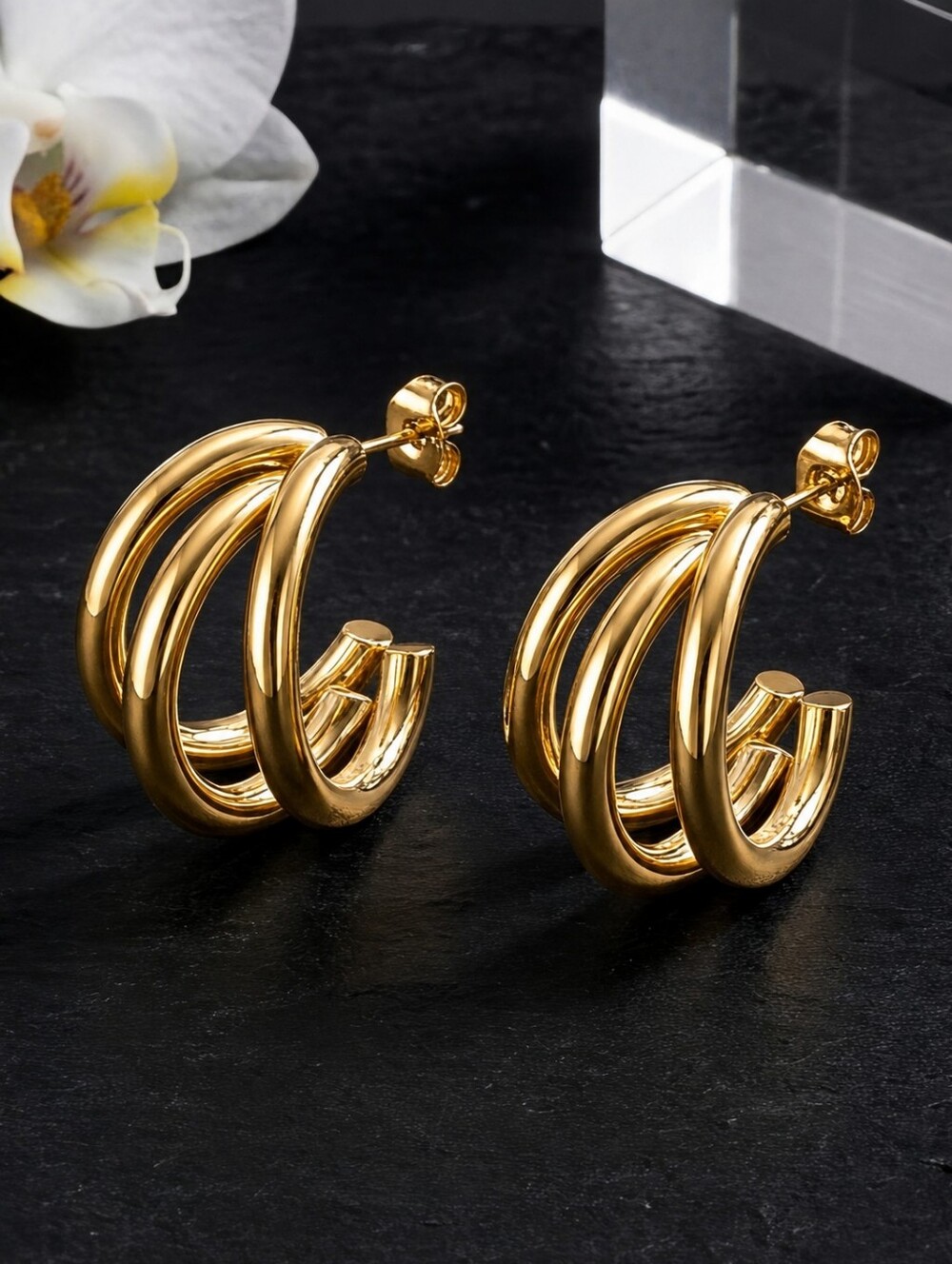 18K Gold Plated Chunky Triple Hoop Earrings Sculptural Clean Girl 0.65"